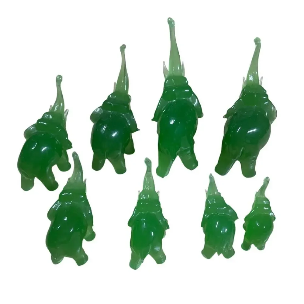 Vintage Set of 8 Green Glass Handmade Elephant Figurines Good Used Condition